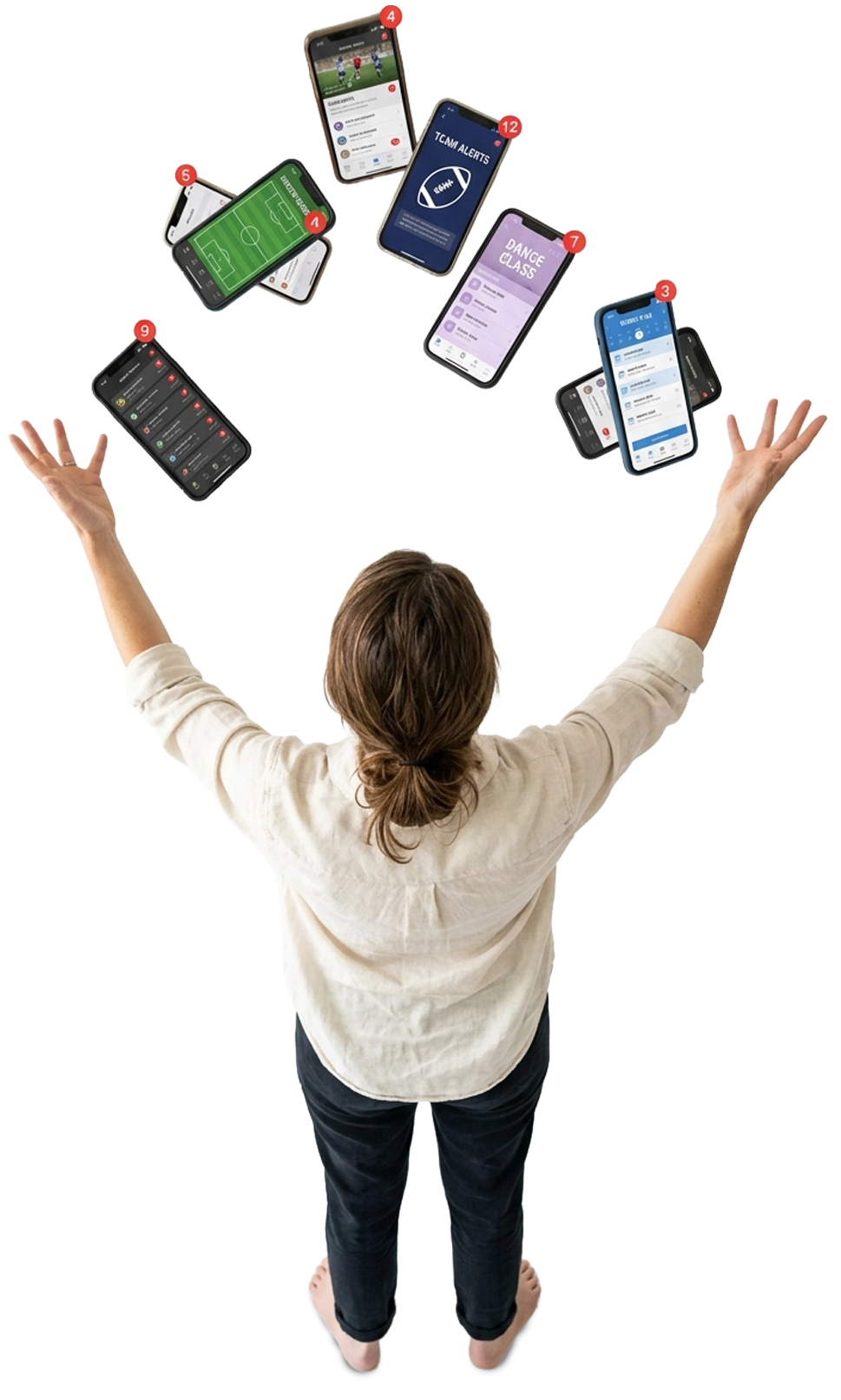 A frazzled parent, seen from behind with arms flung up, juggling a half-dozen phones each running a different youth-sports team app