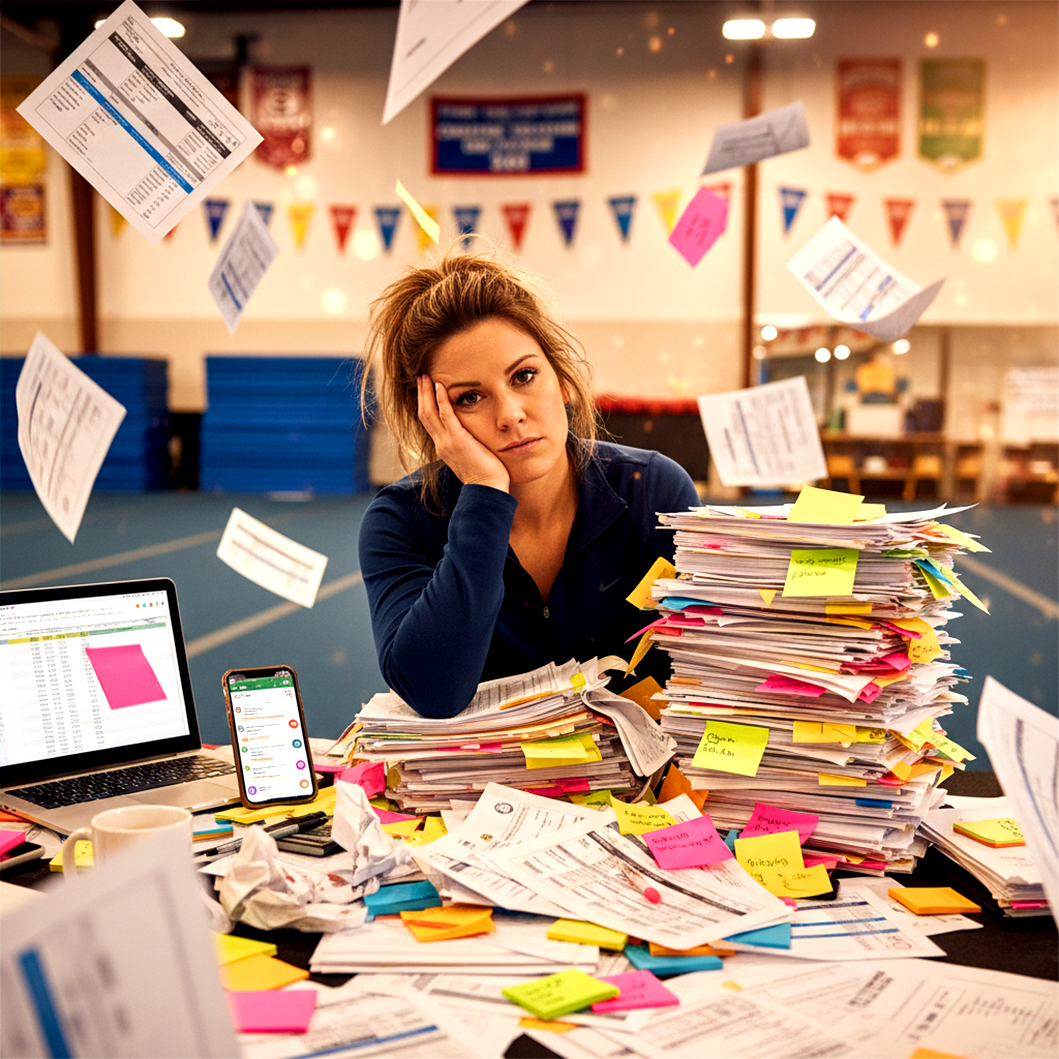A club director surrounded by a tangle of disconnected scheduling, payment, and messaging apps
